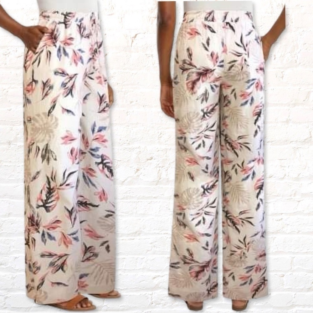 Briggs Tropical Floral Linen Wide Leg Pants with drawstring waist Size L Cream